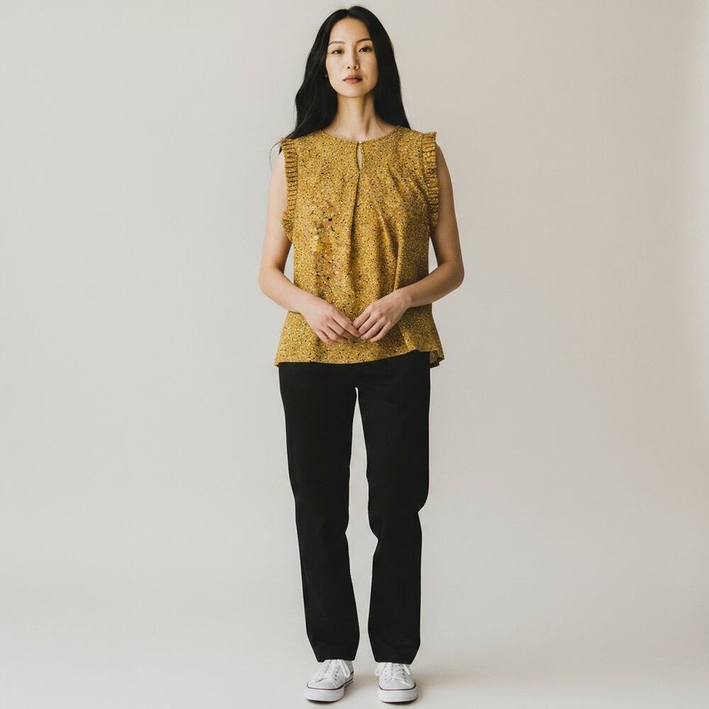 Molly Bracken Women’s Mustard Printed Ruffle Sleeveless Blouse NWT